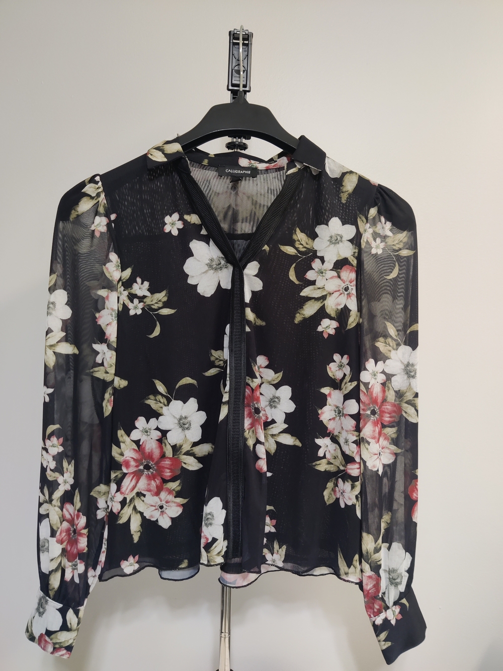 Sheer Black Floral Tie-Neck Blouse by Calligraphie